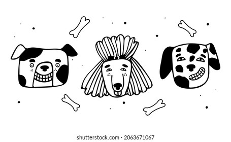 Set of different breeds of dogs. Cute dog head. Vector illustration in doodle style.