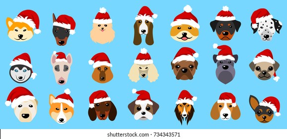 Set Different Breeds of Dogs in Hats of Santa Claus, Symbols New Year 2018 - Illustration Vector