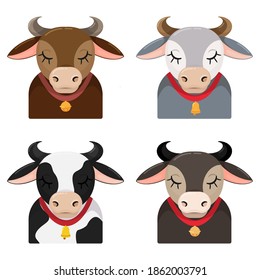 Set with different breeds of domestic cows. Portrait of happy cheerful cow with bell. Vector illustration of 2021 year animal symbol in different colorings for textile, greeting cards and calendars.