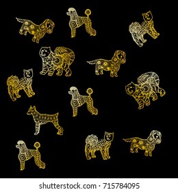 Set of different breeds of gold dogs on a black background in the style of dudling