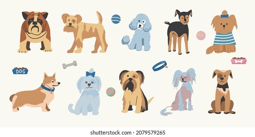 Set of different breeds of pet dogs. Print for printing on children's clothing. Vector flat illustration