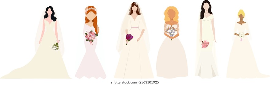 Set of different Brides in white dresses. Brides with bouquet. Wedding ceremony. Vector illustration