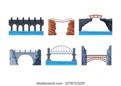 Set of different bridges. City architecture elements cartoon vector illustration