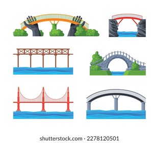 Set of different bridges. Iron, wooden and stone bridge, city architecture elements cartoon vector illustration