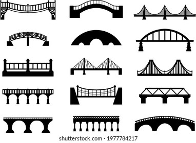 Set of different bridges. Isolated on white background. Black and white. Vector illustration.
