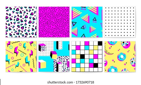 Set of different bright 90s vibrant seamless pattern vector graphic illustration. Collection of various neon geometric creative dynamic decoration. Fashion pop print wallpaper memphis style