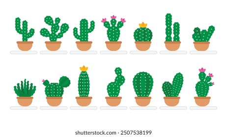 Set of different bright cacti, aloe and leaves, Decorative natural elements are isolated on white. Cactus with flowers, Cartoon cactus set, simple flat vector illustration.