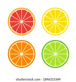 Set of different bright citrus slices symbols: grapefruit, lemon, orange and lime. Vector illustration in flat style isolated on white background
