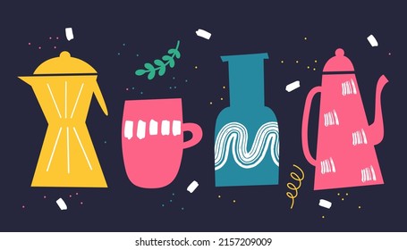 Variedad de platos luminosos en estilo doodle. Ilustración vectorial.