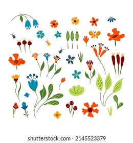 Set of different bright flowers and bugs. Vector illustration.