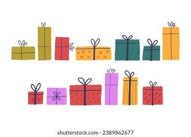 Set Different Bright Gift Box. Vector Hand Drawn Surprise Collection
