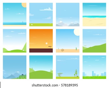 Set of different bright landscapes pictures. Nature simple backgrounds collection design. Various areas in spring or summer day. Seaside, mountains, hills, savannah, city, field view with clear skies.