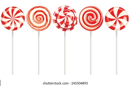 Set different bright red lollipops isolated on white background, vector illustration