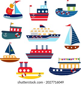 Un conjunto de diferentes barcos brillantes para ilustraciones para niños. Barcos estilizados en el mar. Ilustración vectorial aislada en fondo blanco. Colección para uso de decoración, tarjetas, volantes y folletos, invitaciones