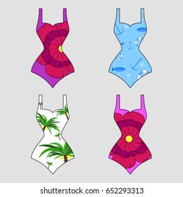 Set of different bright swimsuit. Swimsuit icon. Vector illustration of swimsuit.