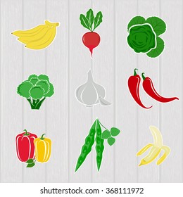 Set different bright vegetables and fruits