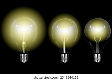 Set of different brightness lamps. Glass lamps. Glass light bulb on a transparent black background with a bright yellow glow. Bright light. Light bulb on black background. Vector illustration.