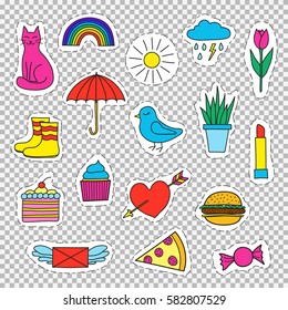 Set of different brignt stickers, badges, pins isolated on transparent background. Pop art patches for design.