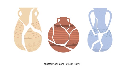 Set different broken ancient Greek vase. An old Roman vase with two handles. An archaeological artifact. Ceramic tableware. Hand-drawn illustration on a white isolated background.