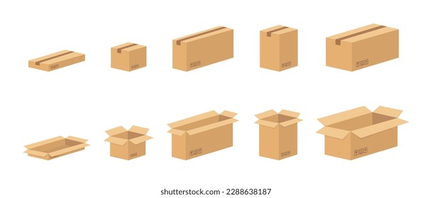 Set of different brown cardboard packaging boxes. Collection of cardboard box mockups. Shipping carton open and closed box with breakable signs. Parcel packaging template. Vector illustration