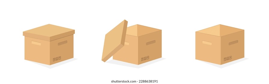 Set of different brown cardboard packaging boxes. Collection of cardboard box mockups. Shipping carton open and closed box with breakable signs. Parcel packaging template. Vector illustration