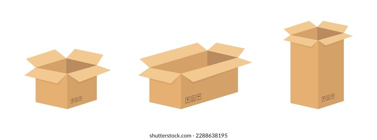 Conjunto de diferentes cajas de cartón marrón. Colección de maquetas de cajas de cartón. Caja de cartón abierta y cerrada con signos de rotura. Plantilla de empaquetado de paquetes. Ilustración del vector