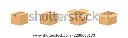 Set of different brown cardboard packaging boxes. Collection of cardboard box mockups. Shipping carton open and closed box with breakable signs. Parcel packaging template. Vector illustration
