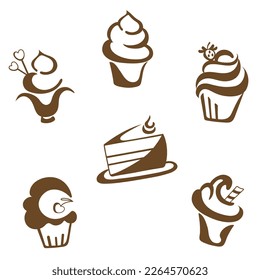 Se sirven pasteles y postres marrones en un fondo blanco.  Ilustración del vector Doodle.