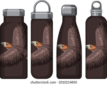 Set of different brown thermos bottles with hawk pattern illustration