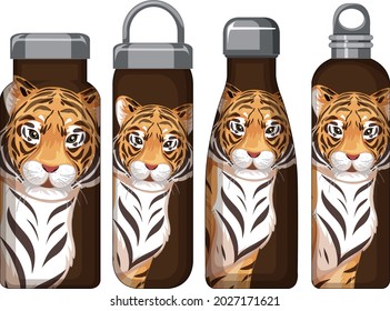 Set of different brown thermos bottles with tiger pattern illustration