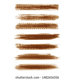 Set of different brown tire tracks isolated on white background