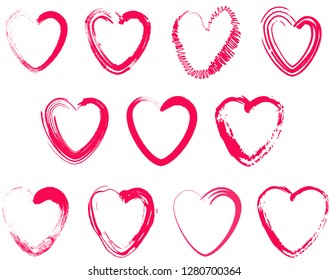 Set of different brush hearts. Isolated objects on white background. Vector