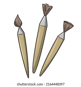 A set of different brushes for drawing with a wooden handle, vector illustration in cartoon style on a white background