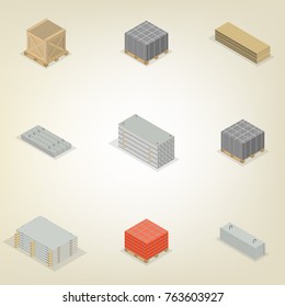 Set of different building materials isolated on white background. Brick, cinder block, wood and iron concrete products. Flat 3d isometric style, vector illustration.
