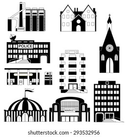Set of different buildings in black and white colors. Circus, church, factory, apartment building, market, private house, hospital, gasoline station. Real estate collection. Vector illustration.