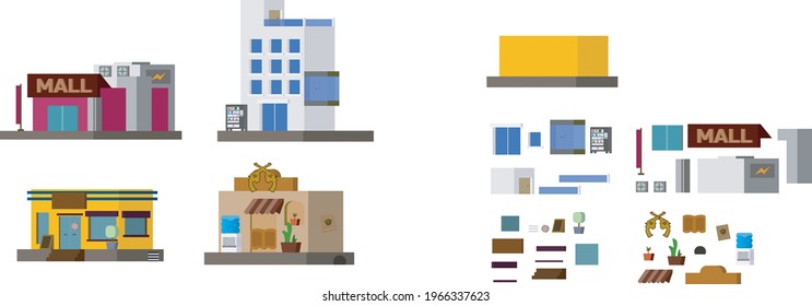 Set of different buildings: cafe, west cafe,  mall, office.