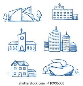 Set of different buildings, church, hospital, house, office tower, concert hall, museum. Hand drawn cartoon vector illustration.