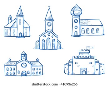 Set of different buildings, churches, school, town hall, castle. Hand drawn cartoon vector illustration.