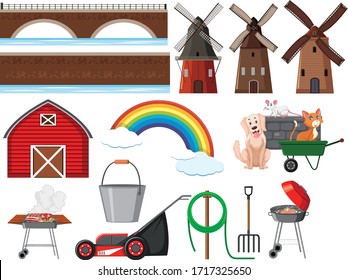 Set of different buildings and gardening items illustration