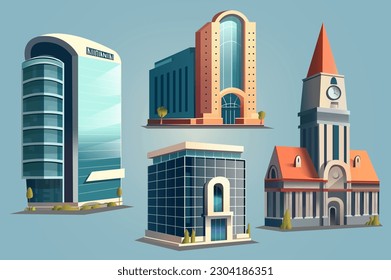 Conjunto de edificios diferentes. Concepto de conjunto de casas ilustrado en estilo de dibujos animados planos. Las casas de diversos propósitos tienen diferentes formas y colores. Ilustración vectorial.