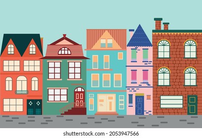 Set of different buildings, houses. Cityscape, city street. Vector logo illustration design.