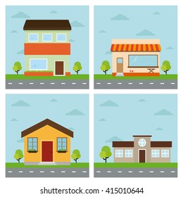 Set of different buildings on colored backgrounds