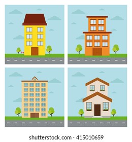 Set of different buildings on colored backgrounds