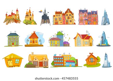 Set of different buildings such as private houses, skyscrapers, cottages, business buildings, fairy tale castles, condominium, urban and rural houses. Vector illustration isolated on white background.