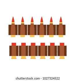 Set of different bullets in brown bandolier. Ammunition, guns, military vector illustration.