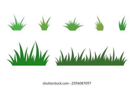A set of different bunches of green grass, hand-painted, isolated on a white background, flat design. Decorative cartoon silhouette element for decoration, decoration. Spring young fresh vegetation 