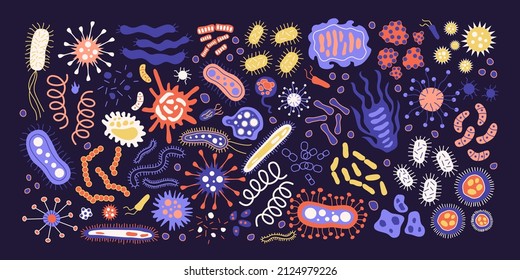 Set of different Bundle of infectious microorganisms isolated. Cartoon collection of infectious germs, protests, microbes. A bunch of diseases that cause bacteria, viruses. Isolated flat illustration.