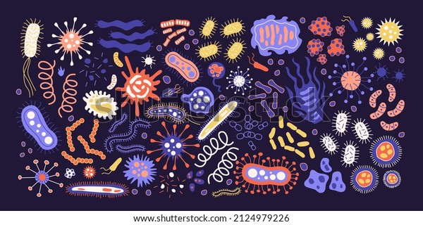 Set of different Bundle of infectious\
microorganisms isolated. Cartoon collection of infectious germs,\
protests, microbes. A bunch of diseases that cause bacteria,\
viruses. Isolated flat\
illustration.