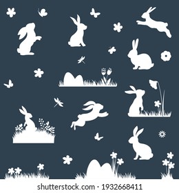 Set of different bunnies silhouettes, flowers, butterflies for easter card. Easter elements.