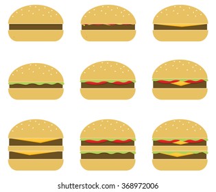 Set of different burgers and cheeseburgers